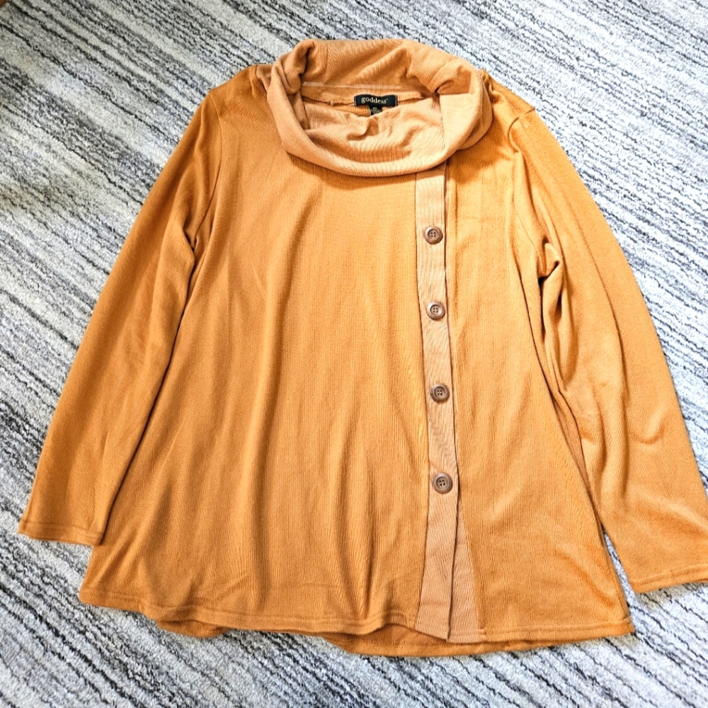 Xl Mustard Yellow Goddess Cowl neck Top with buttons down the front XL